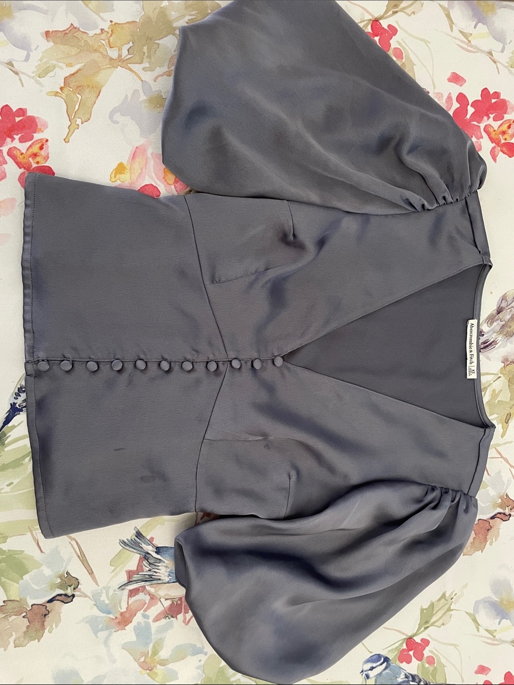 Abercrombie & Fitch Slate Gray Puff Sleeve Button-Front Blouse
